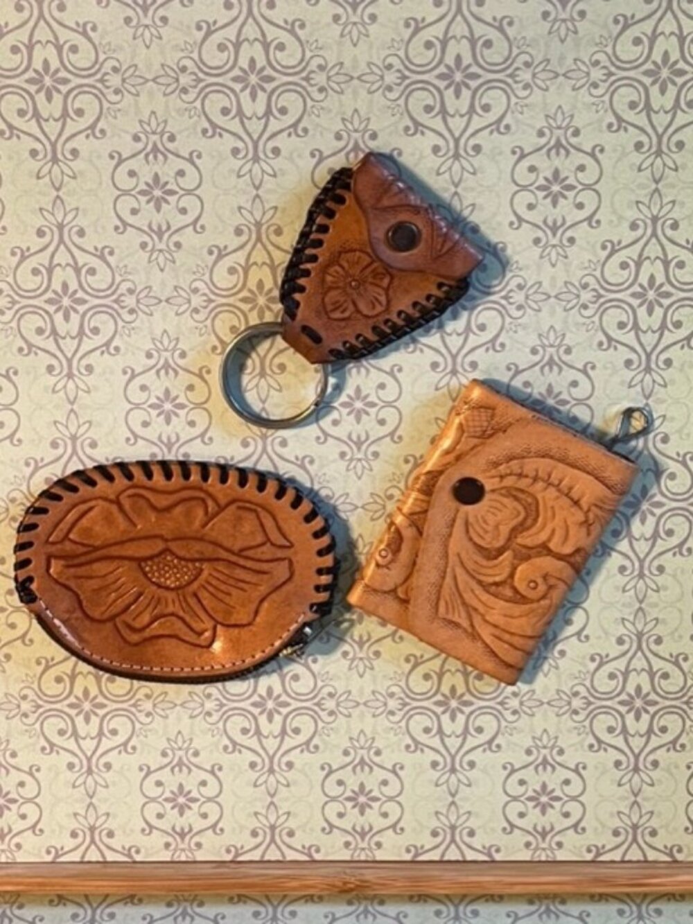 Lot of 3 embossed leather keychains coin purse vintage